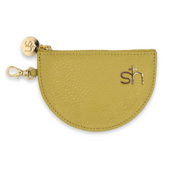 Swatzell + Heilig's Zip Coin Pouch in color Soft Olive, picture showing the front of the item