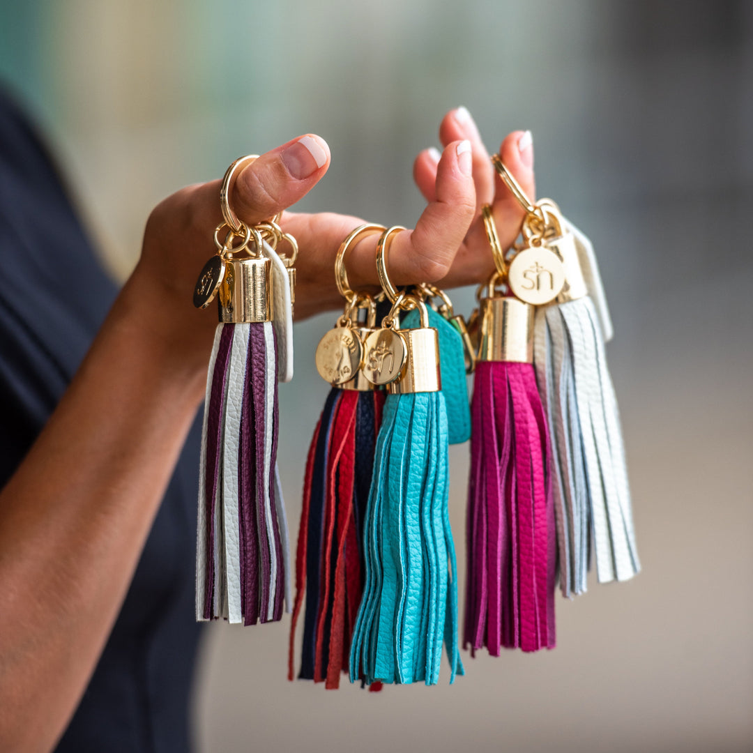 NWT Brahmin popular Celebrate Palm Leaf Leather Tassel Keychain Fob Purse Charm RedMulti