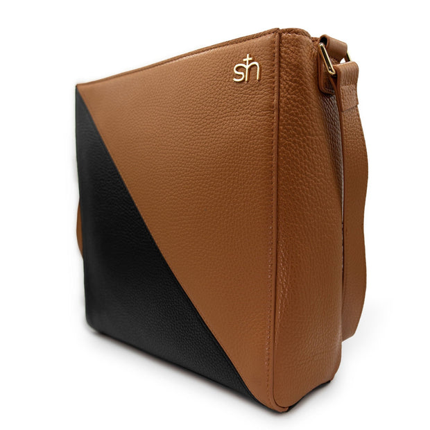 Swatzell + Heilig's Seville Bag in color Carbon Black & Caramel, picture showing the right side of the item