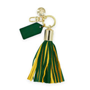 Swatzell + Heilig's Tassel keychain in color green, shown with the additional color of gold